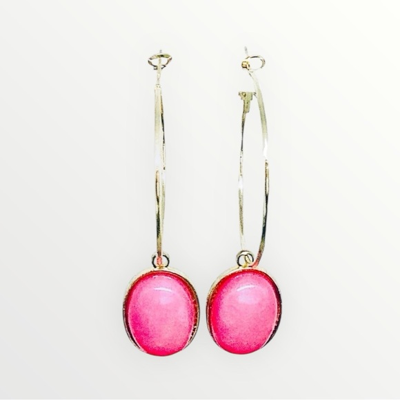 BOUTIQUE Elegant Gold and Pink Hoop Earrings, Classy Dangles - Picture 3 of 7